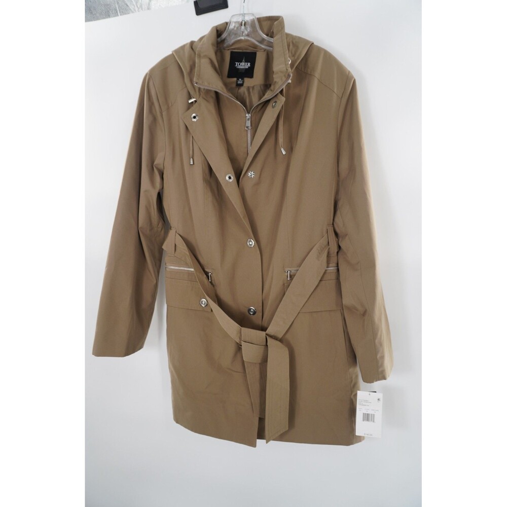 Tower by London Fog Women's Size XL Khaki Belted Hooded Trench Coat Jacket NWT
